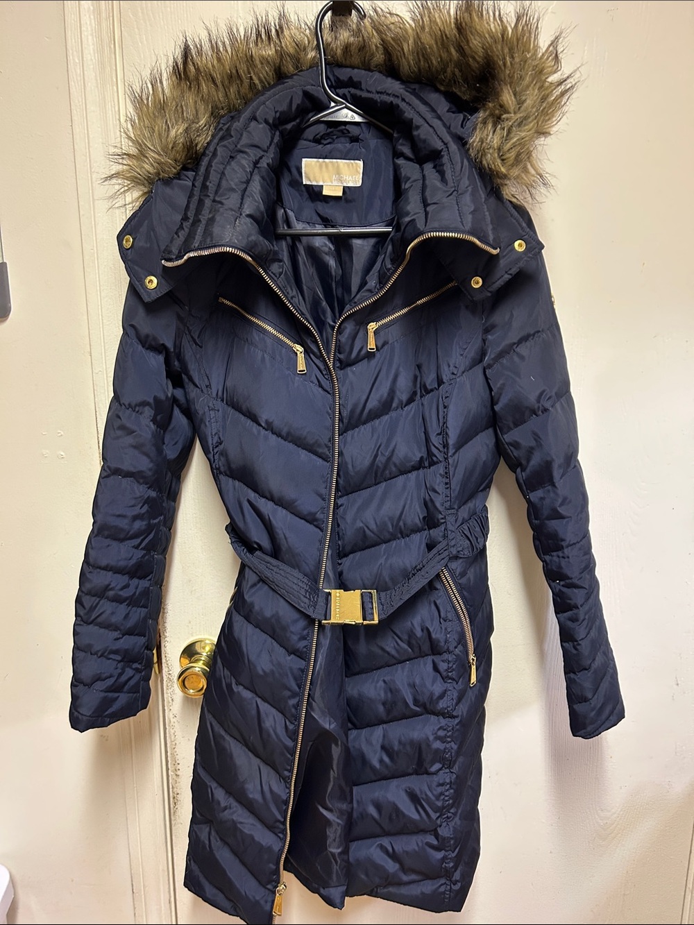 Michael Kors Navy Down Filled Quilted Belted Puffer Coat with Faux Fur Hood